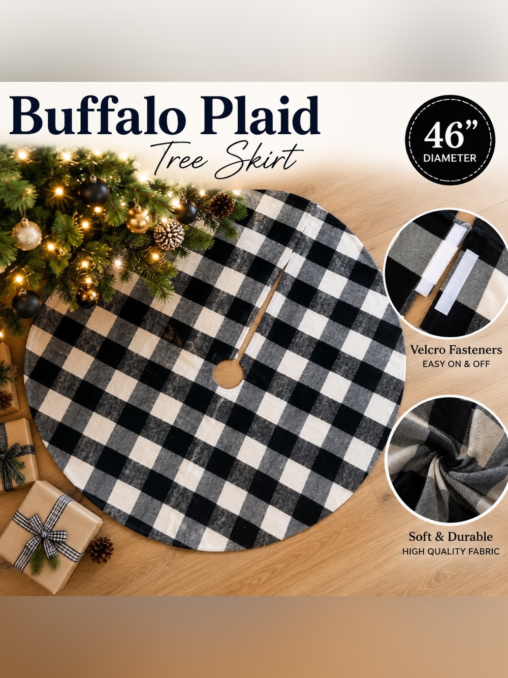 46” Buffalo Plaid Christmas Tree Skirt Black White Farmhouse Velcro